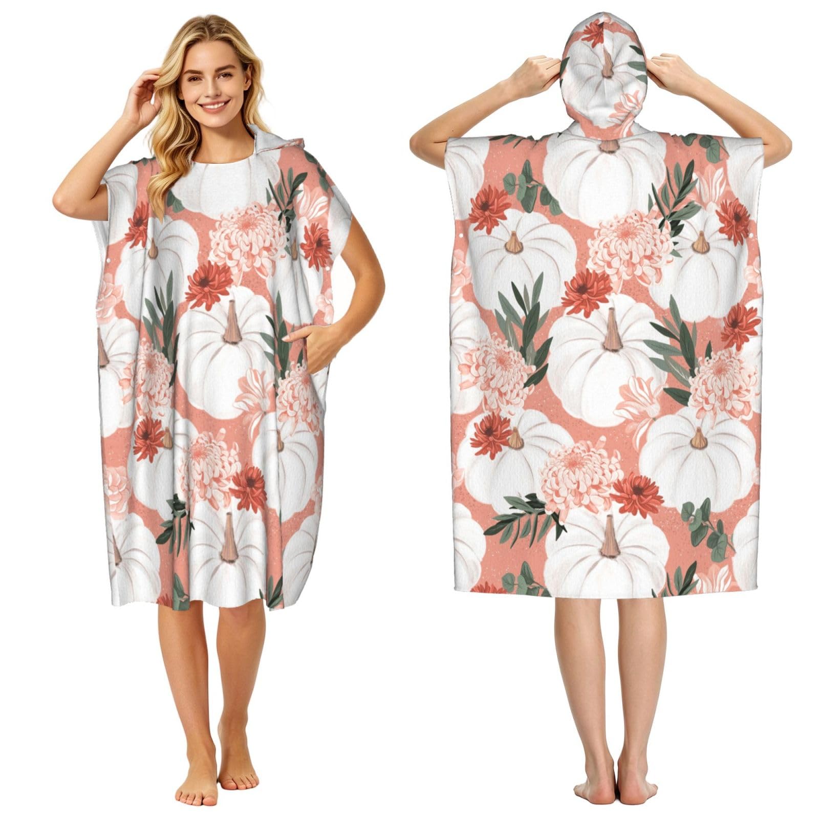 Poadnly Pumpkin Thanksgiving Pink Dahlia Flower Autumn, Adult Hooded Beach Towel 90 x 110 cm,Changing Bath Robe, Surf Poncho Towel For Women Men