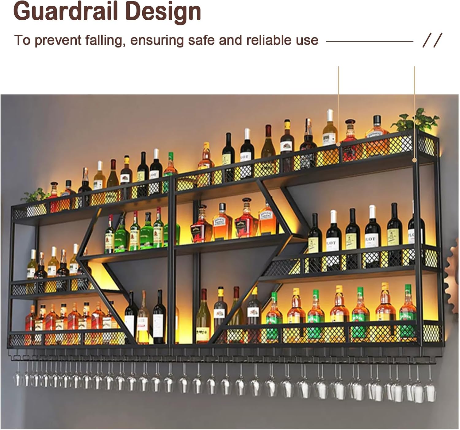 59 Inch Metal Wine Rack Wall Mounted, Modern Bar Shelves Wall Mounted Wine Rack with LED Light, Liquor Shelf Wall Mounted, Bar Shelves for Liquor Bottles (Black with Blue Led, 59-3 Tier)