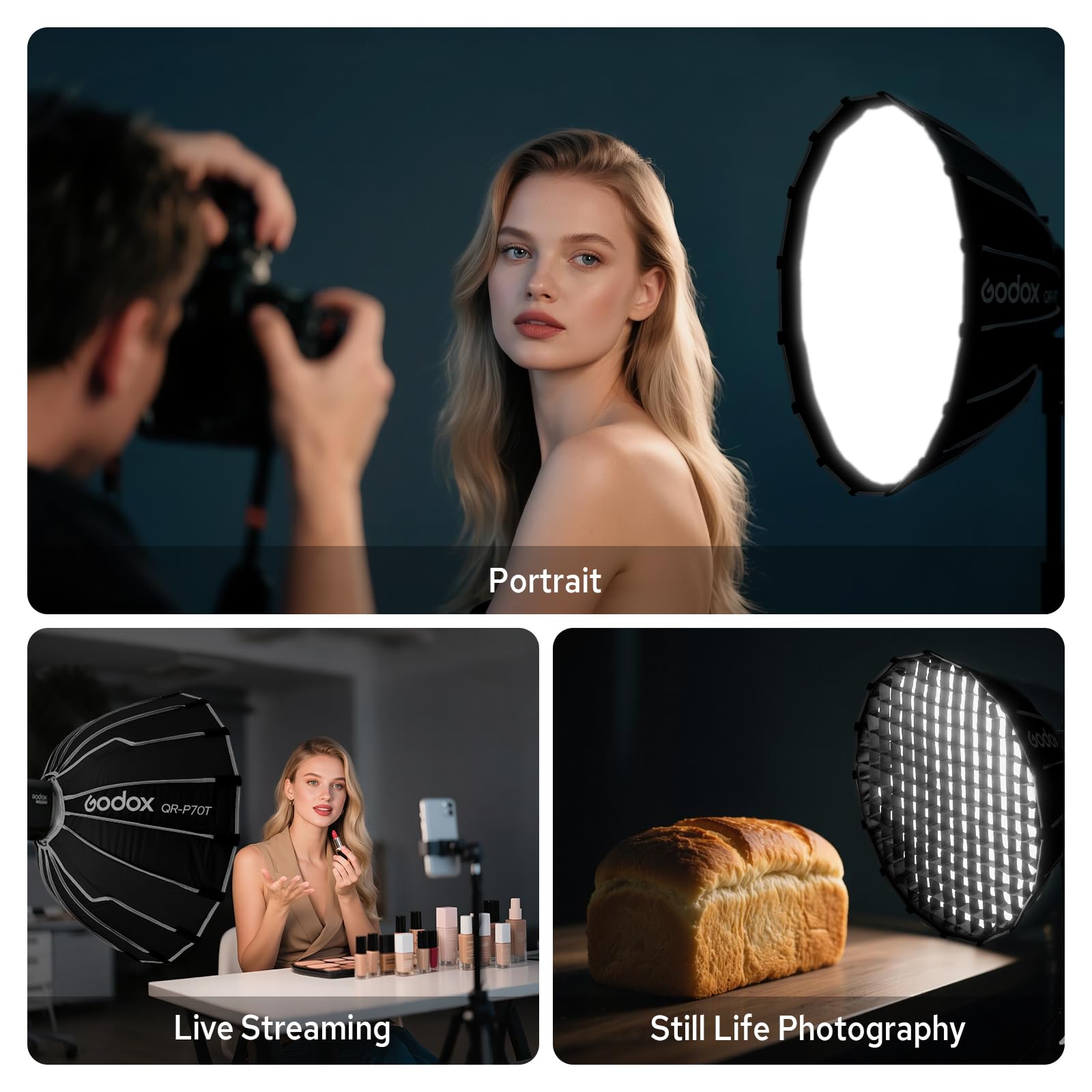 Godox QR-P70T 70 cm szybkie uwalnianie paraboliczny softbox z siatką o strukturze plastra miodu, softbox Bowens Mount z przednim i wewnętrznym dyfuzorem do Godox SL60W SL60IID SL100D LA150R LA300Bi