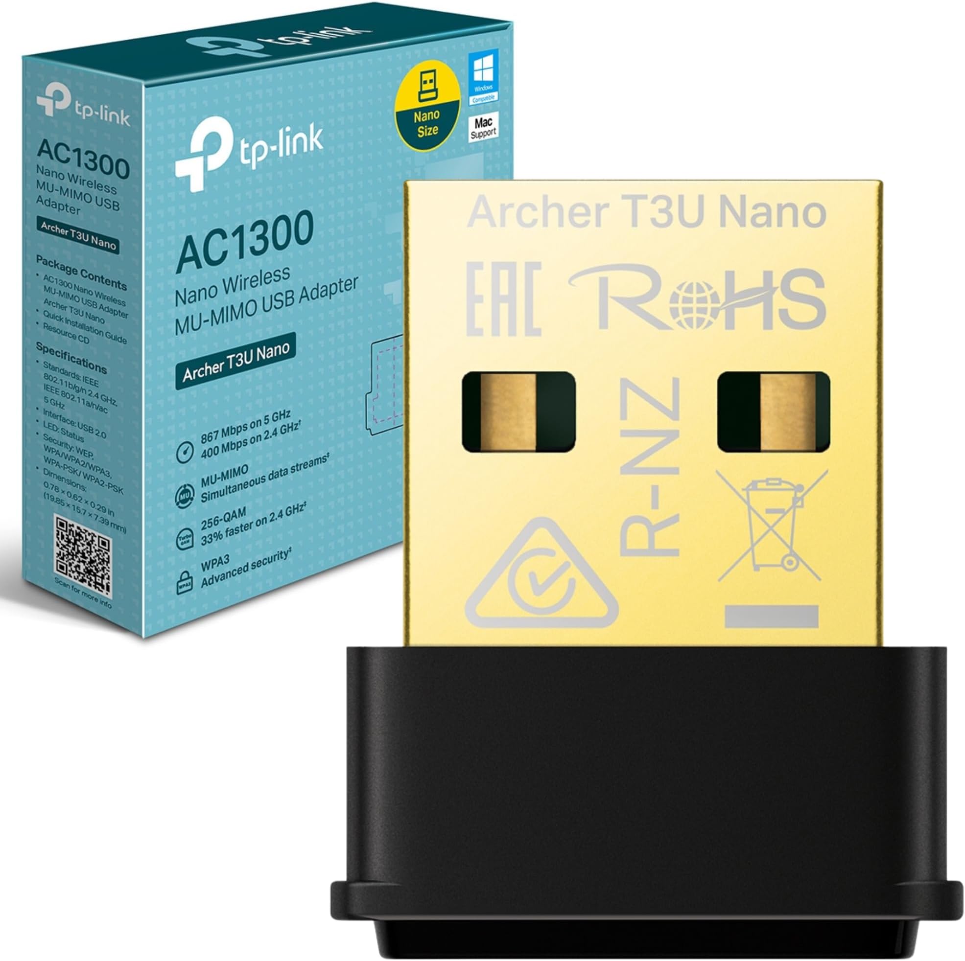 AC1300 Nano Wireless MU-MIMO USB 2.0 Adapter, Dual-Band, Miniature Design, Supports Windows 10/8.1/8/7, Mac OS 10.15 and earlier, Highly Secure WPA3, Easy Setup (Archer T3U Nano)