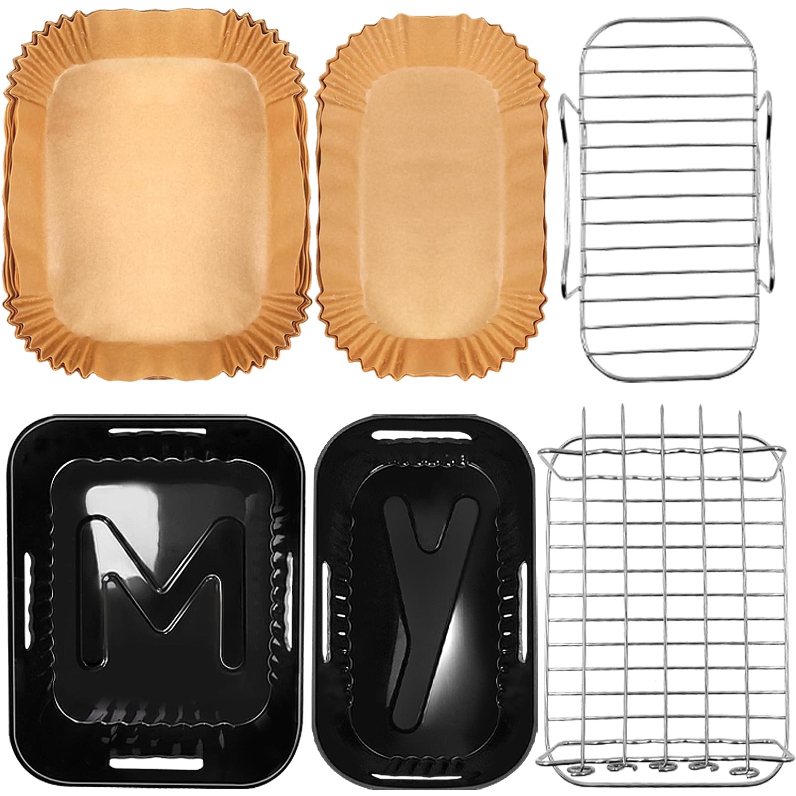 YINGRACE Accesorios Freidora Sin Aceite Dual Zone for Cecotec Cecofry DuoSize 9 L 5,5/3,5 L, Moulinex EZ9018 5,2/3,1 L, 6PCS con Molde Silicona, Rejillas, Papel de Horno para Freidora de Aire