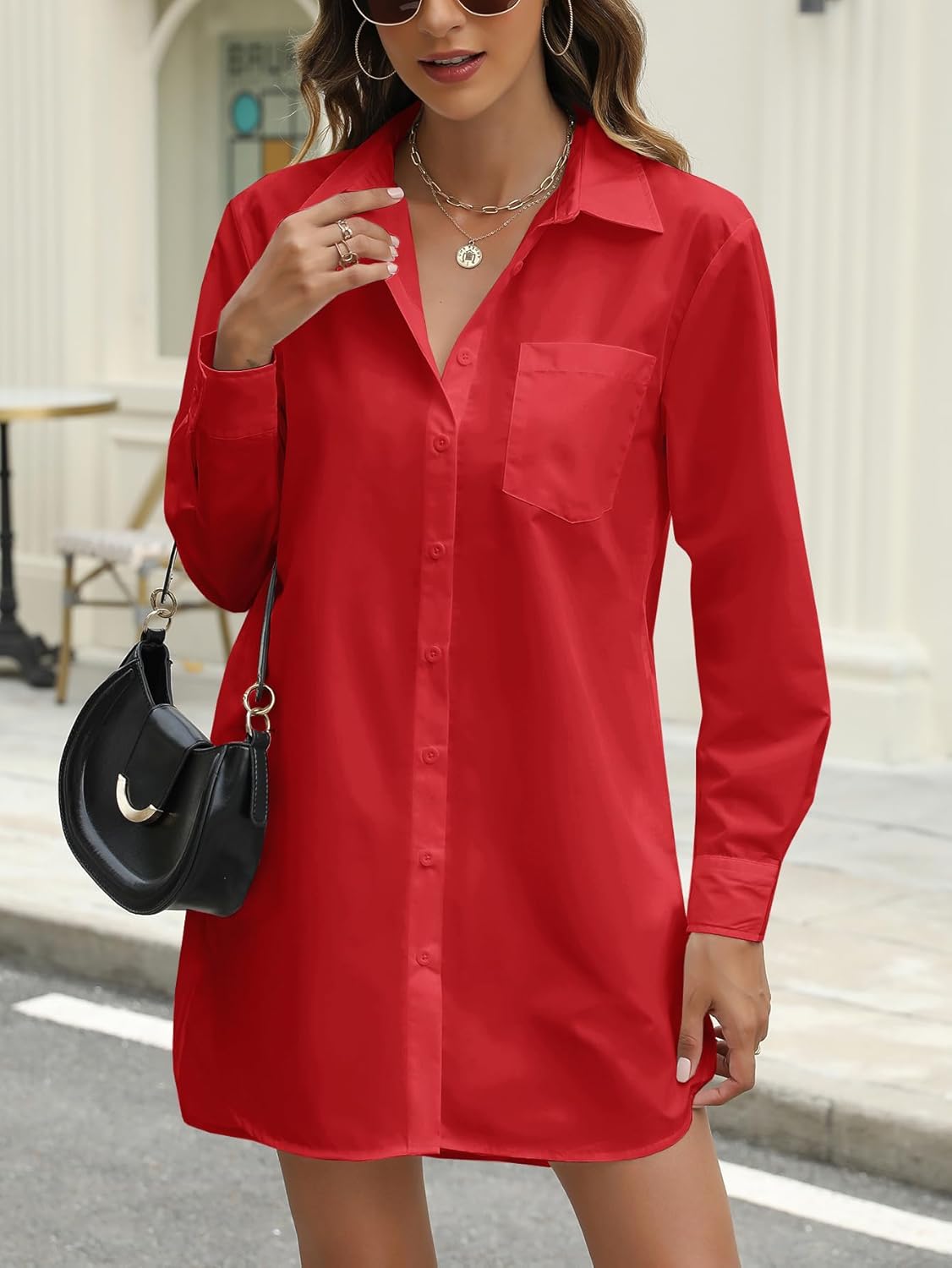 Women Button Down Long Sleeve Casual Loose Solid Striped Women's Button Down Shirts Dresses - Image 2