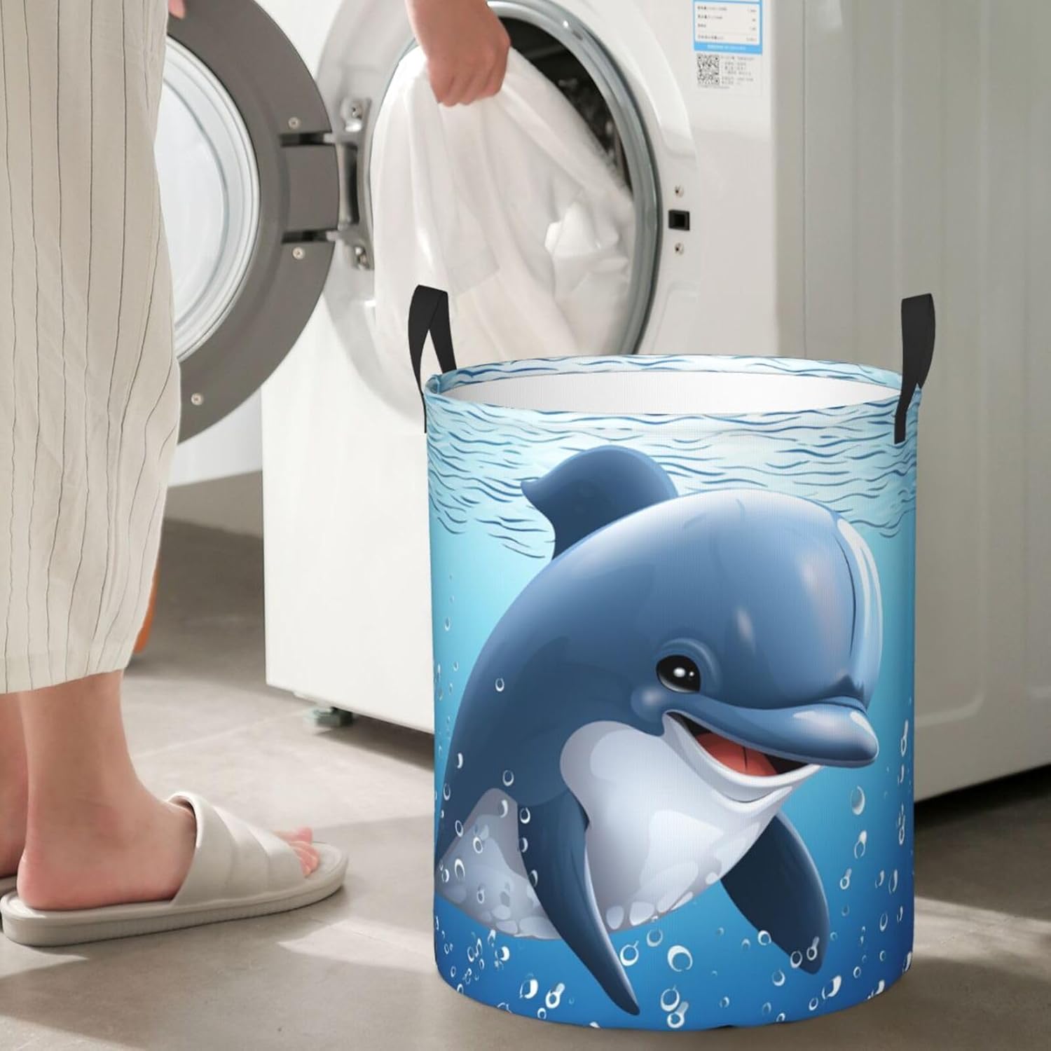 Baby Dolphin Laundry Basket With Handles, Foldable Laundry Hamper Oxford Cloth Dirty Clothes Basket Waterproof Clothes Toys Storage Bin Organizer for Bedroom Bathroom Dorm