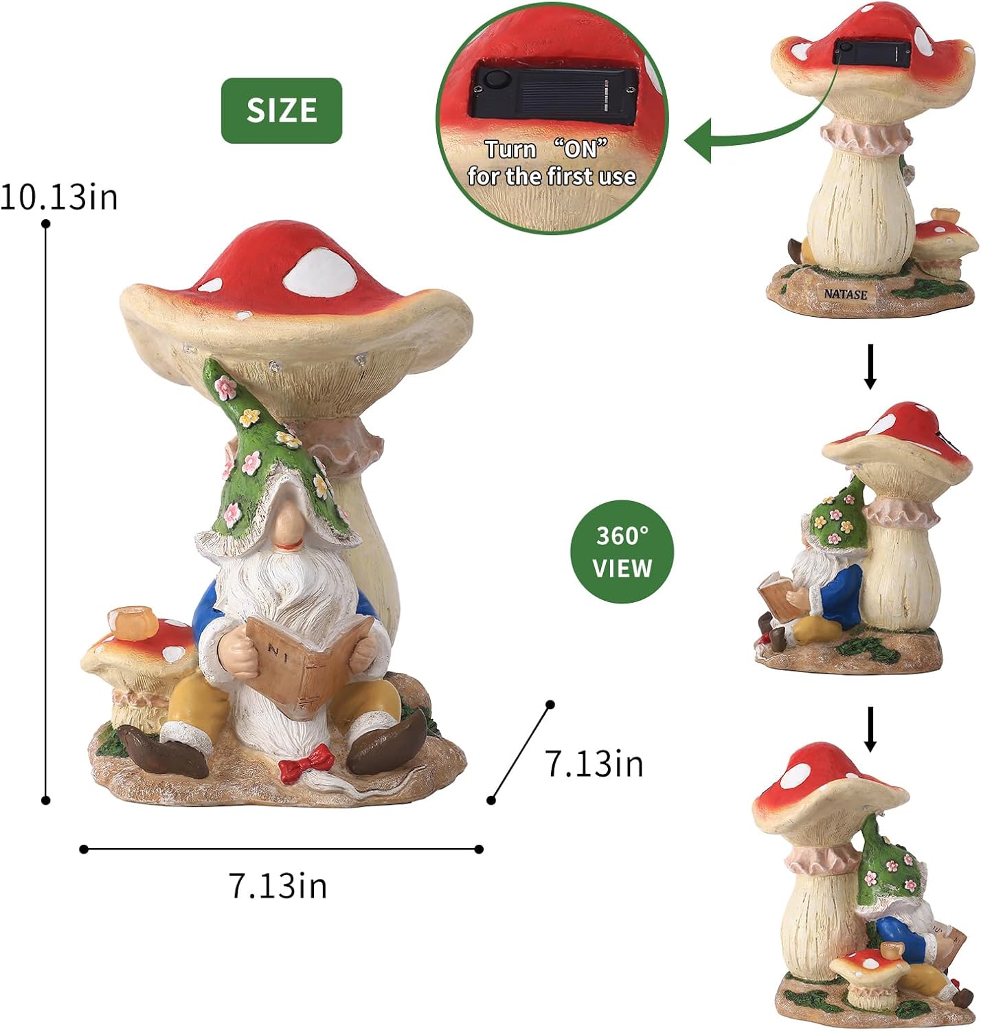 Solar Garden Outdoor Statues Gnome Reading Under Mushroom with 5 LED Lawn Decor Outside Decorations for Patio, Balcony, Yard Ornament Unique Garden Gift