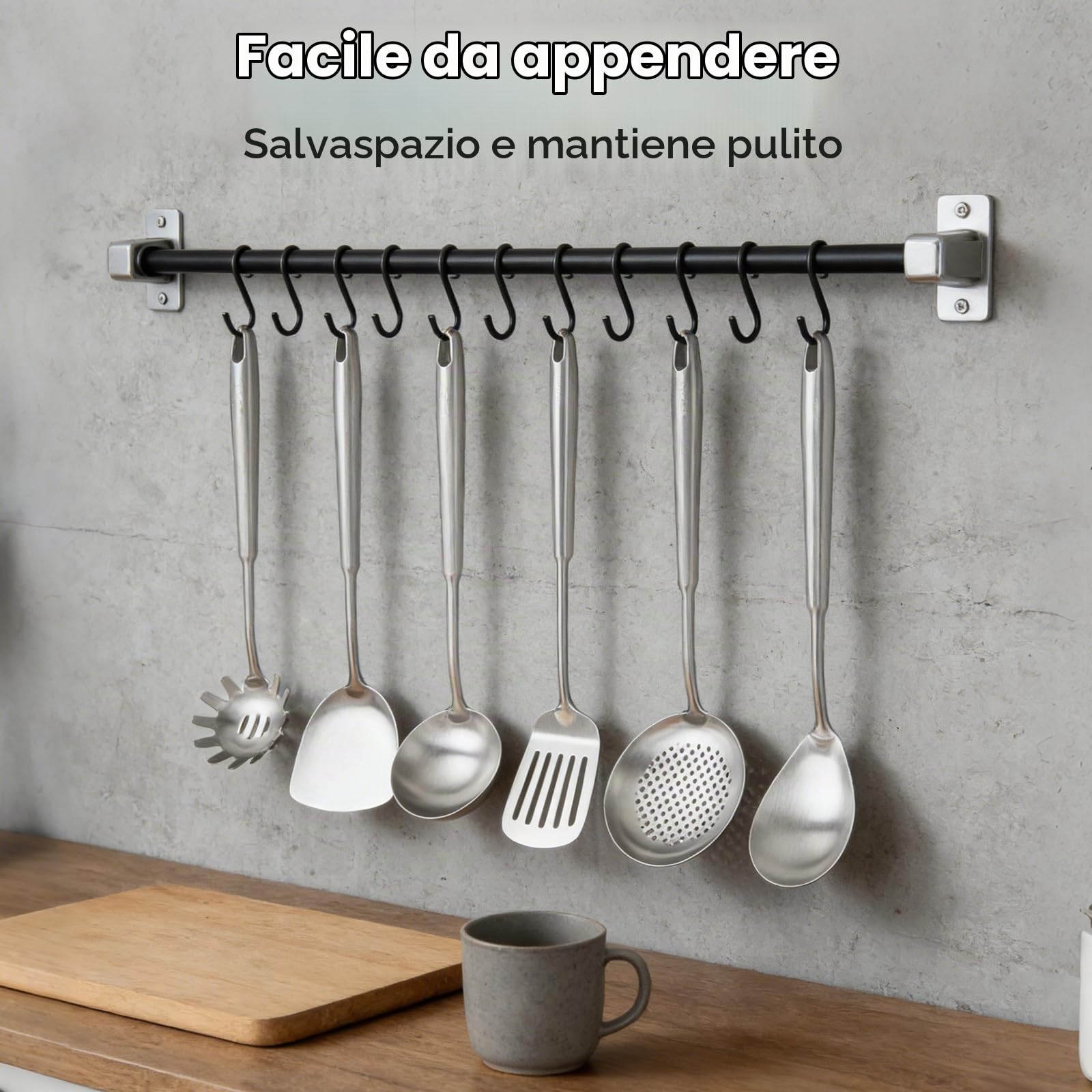 Set da 6 Utensili da Cucina in Acciaio Inossidabile | Resistenti Al Calore, Include Mestolo, Palette, Schiumarola E Cucchiaio Per Pasta, Lavabili In Lavastoviglie