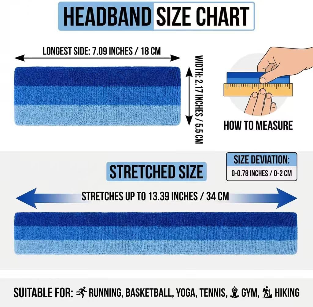 Sports Headbands 3 Pcs for Men ＆ Women - Moisture Wicking Sweatbands, Terry Cloth Athletic Head Bands for Running Tennis Basketball Football Working Out