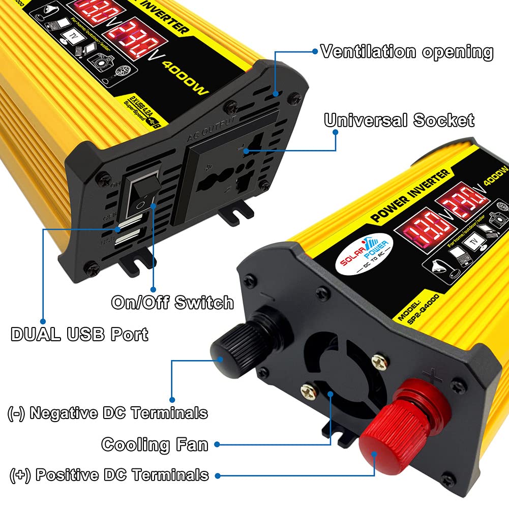4000 W Picchi di potenza DC 12 V a AC 110 V 220 V Car Power Inverter Convertitore solare (12 V-220 V, nero)