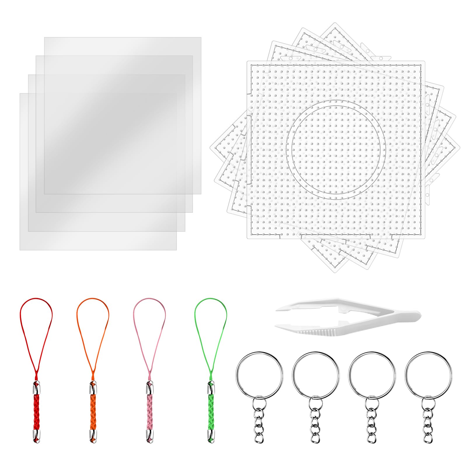 lompyeu Beads Plantilla,Juego de 4 placas de cuentas para plancha(14.5 * 14.5cm) con 4 Hojas de Planchado, 4 Cordones, 4 llaveros y 1 par de pinzas