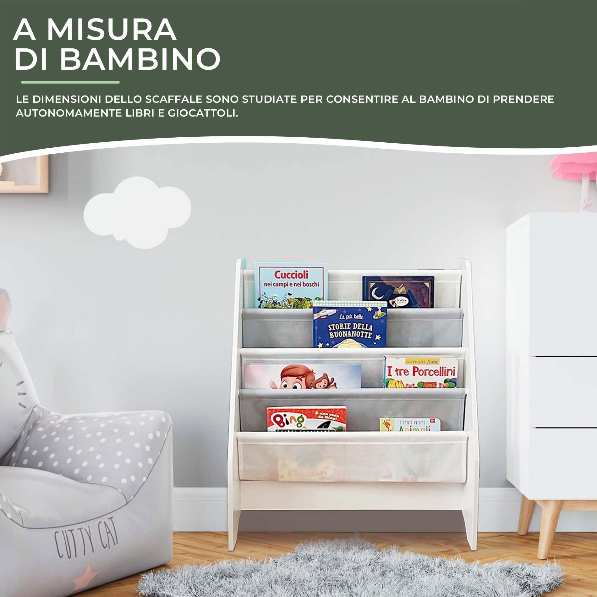 Rebecca Mobili Scaffale Per Bambini, Libreria Montessori, Bianco Grigio, MDF TNT, Con 4 Ripiani, Per Libri Quaderni - Misure HxLxP: 71 x 61 x 29 cm - Art. RE6845