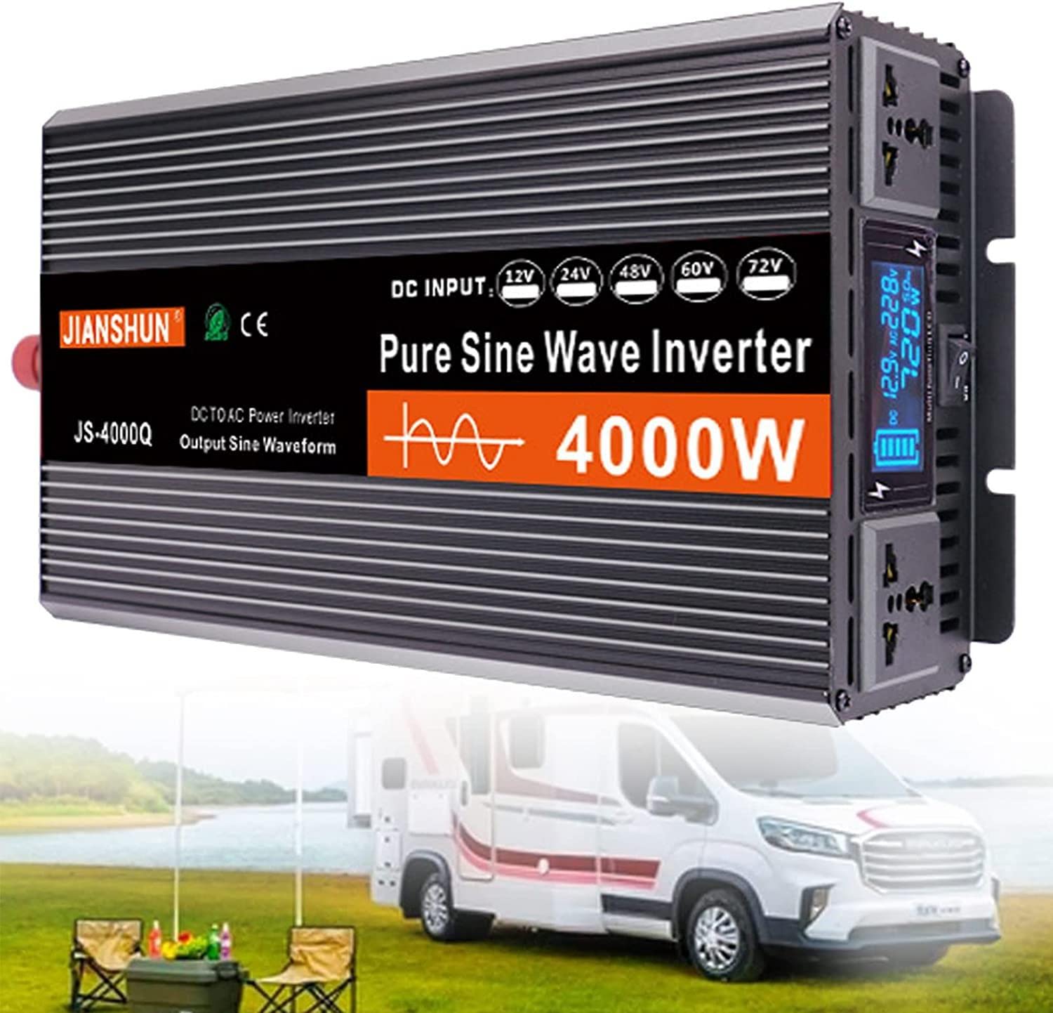 Przetwornica napięcia Pure Sine 3000W 4000W 5000W 6000W Dc 12V/24V/48V/60V do Ac 220v przetwornica napięcia samochodowego, z gniazdami AC wyświetlacz Lcd do ciężarówki Rv samochód podróż łodzią, 400