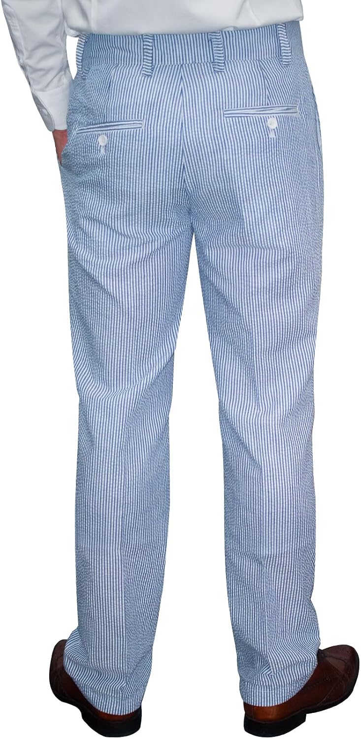 Men Seersucker Pinstripe Pants Mid Waist Ankle Length Pleated Front Lightweight