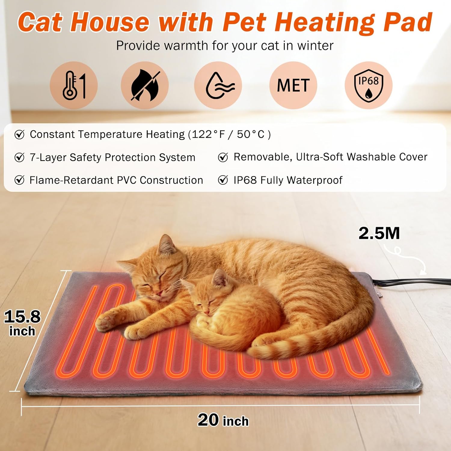 Insulated Heated Cat House Indoor/Outdoor, Weatherproof Cat House with Heated Pad for Winter, Outside Shelter for Feral Cats and Small Dogs (20x17x16)