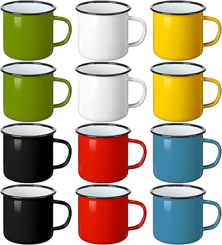Yinder Paquete de 12 tazas de café esmaltadas de 12 onzas con asa, tazas de café portátiles para campamento, tazas de metal vintage a granel para