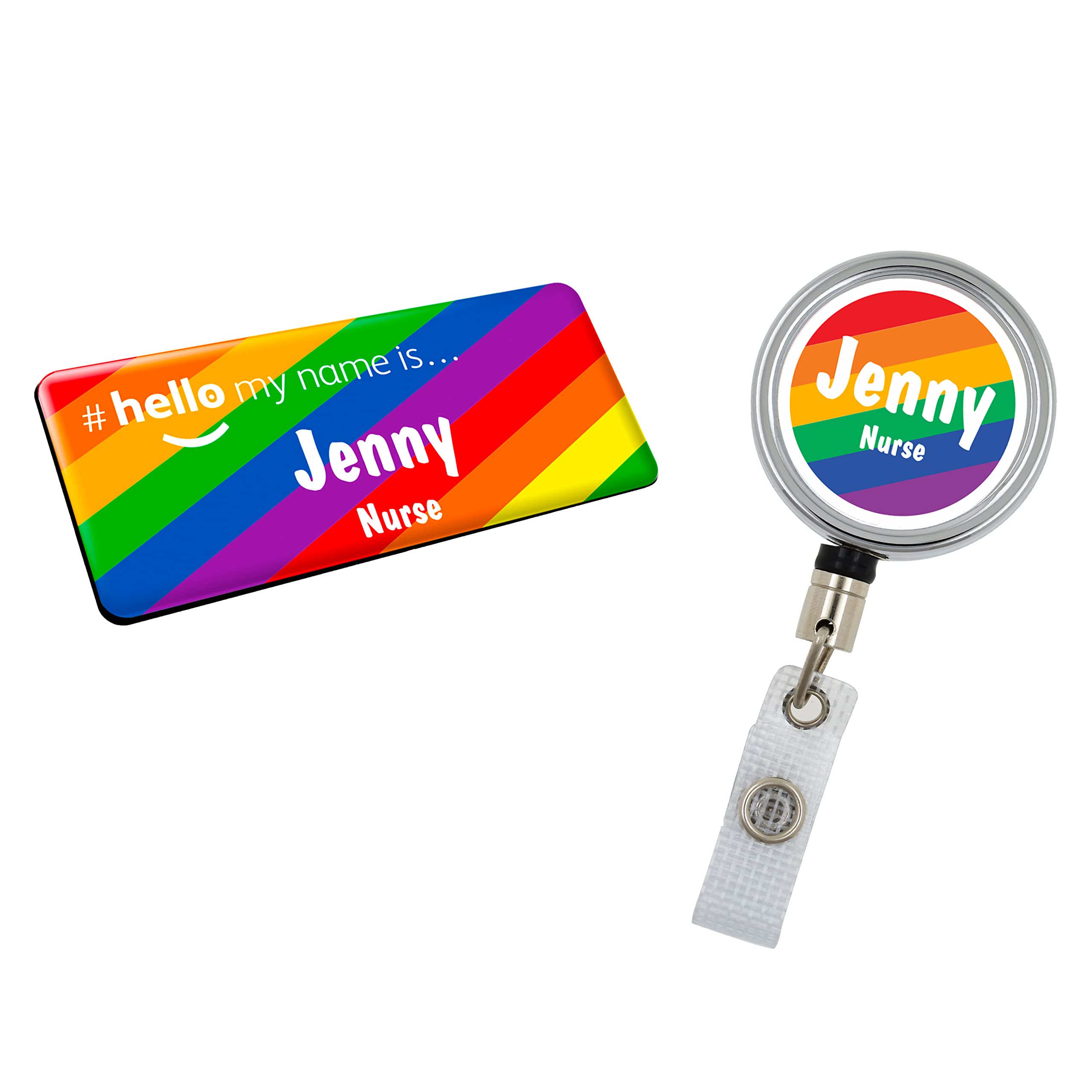 Badgemaster Resin Finish Hello My Name is Name Badge and ID Reel Personalised Rainbow Nurse Midwife Hospital NHS Practitioner Nursery Preschool Diagonal Rainbow Pride