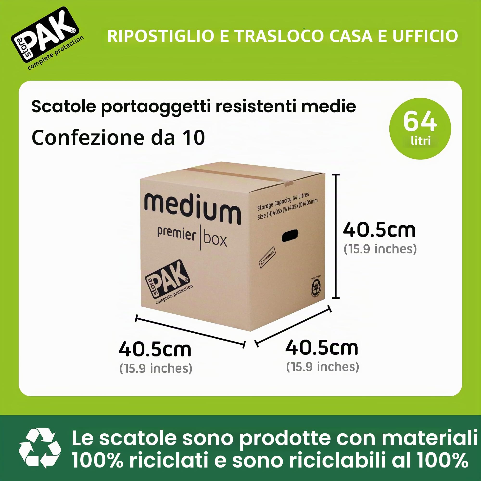StorePAK Scatole di cartone resistenti e medie, con maniglie, 64 litri, 40,5 x 40,5 x 40,5 x 40,5 cm, confezione da 10 pezzi, colore: Marrone
