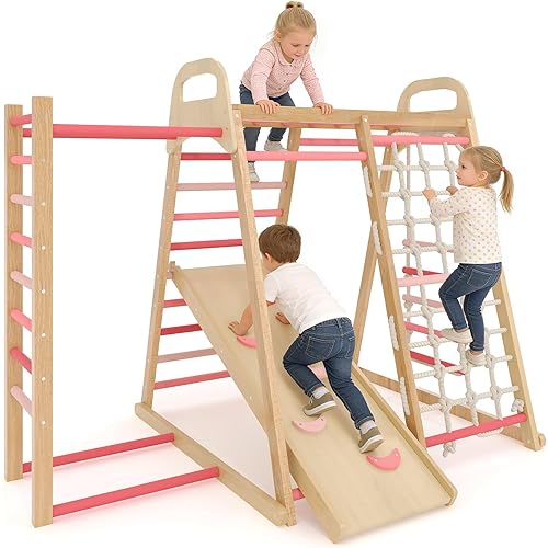 7-in-1 Wooden Jungle Gym, Indoor Kids Climbing Playset for Toddlers