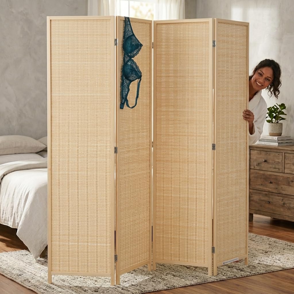 Trennwand/Raumteiler Faltbar aus Bambus - Paravent Umkleide Sichtschutz Spanische Wand - 180 x 180 cm Raumtrenner 4 teilig Leinwand - Natur Hellbraun