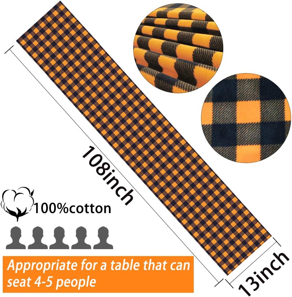 HAKACC 14x108 inches Fall Buffalo Plaid Table Runner Cotton Burlap Table Runner Pumpkin Color for Thanksgiving Fall Harvest Farmhouse Kitchen Decoration 11:28