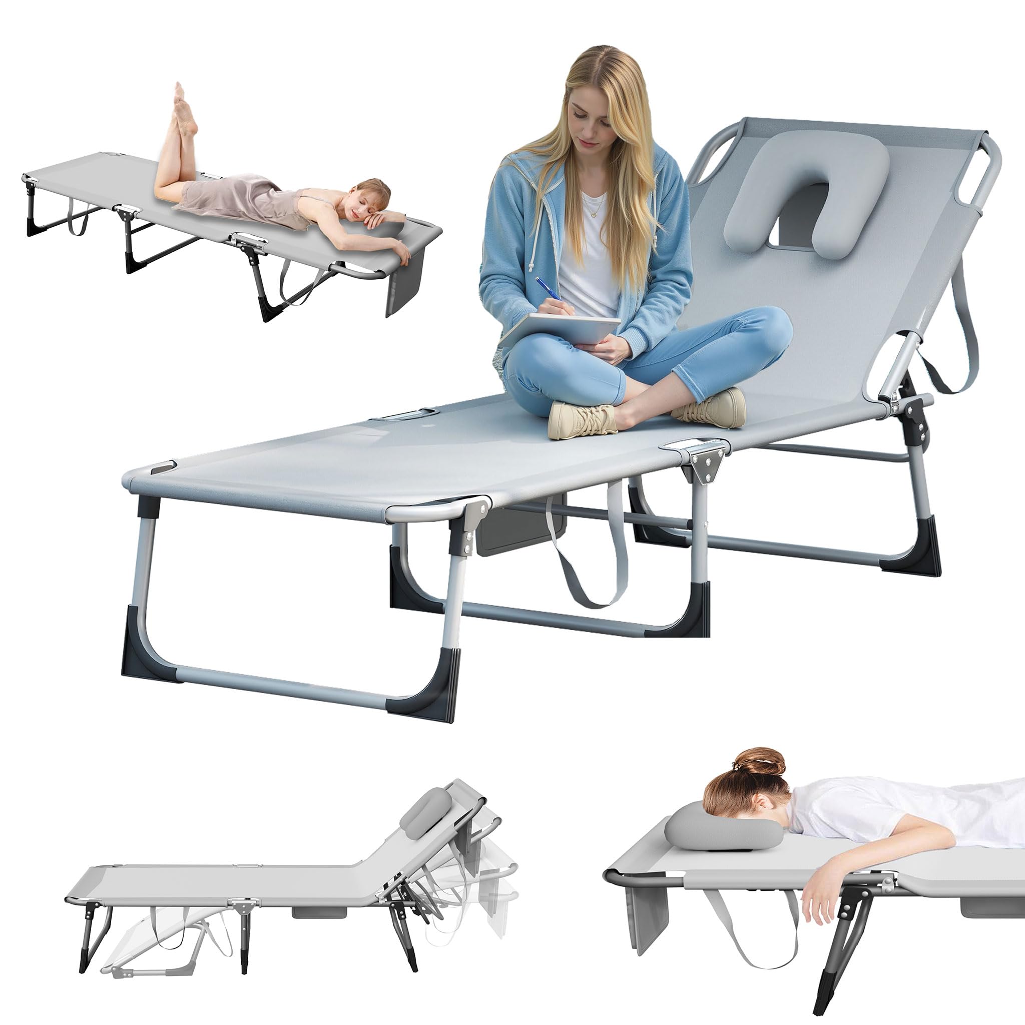 UISEBRT Faltbarer Sonnenliege 190cm – 4-Fach verstellbar Gartenliege mit Gesichtsausschnitt & abnehmbarem Kopfkissen,Liegestuhl belastbar bis 160kg mit Seitentasche für Pool Camping Terrasse