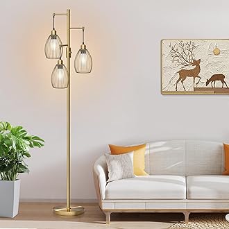 Dimmable Floor Lamp, 3 x 800LM LED Edison Bulbs Included, Farmhouse Industrial Floor Lamp Standing Tree Lamp with Elegant Teardrop Cage Tall Lamps for Living Room Bedroom Office Dining Room-Brass