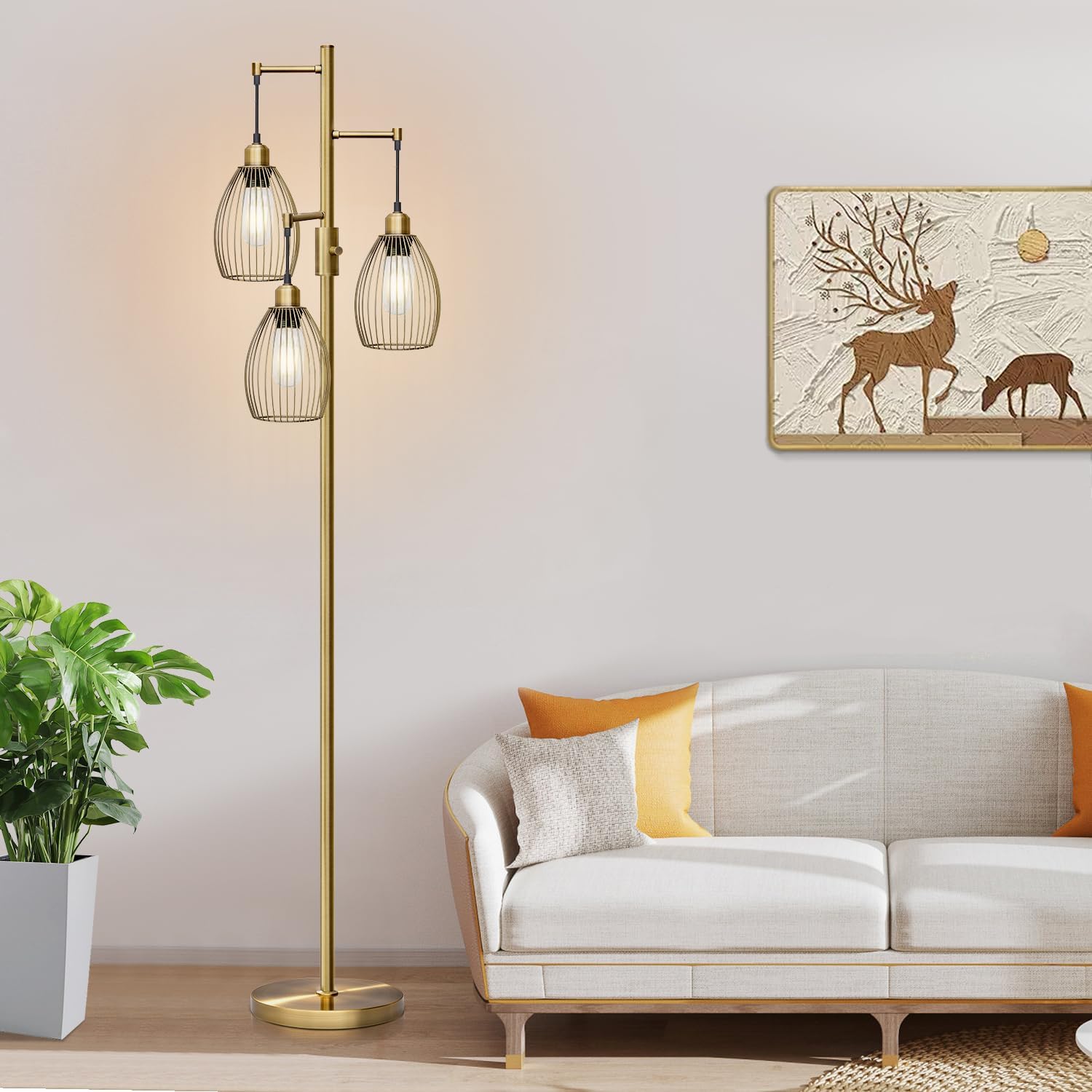 Dimmable Floor Lamp, 3 x 800LM LED Edison Bulbs Included, Farmhouse Industrial Floor Lamp Standing Tree Lamp with Elegant Teardrop Cage Tall Lamps for Living Room Bedroom Office Dining Room-Brass