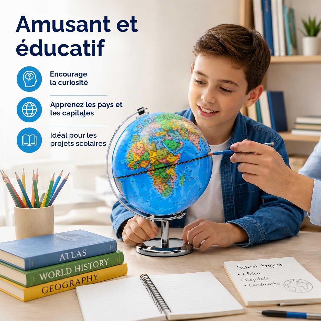 Exerz Globe Terrestre 20cm, Carte en Anglais, Globe Politique Moderne, Décoratif et Éducatif avec Arc et Base en Acier Inoxydable