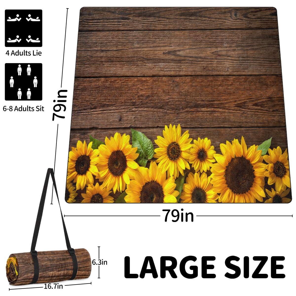 Extra Large Picnic Blankets 79”x 79”, Wooden Face Sunflower Waterproof Foldable Picnic Mat with Straps Portable Beach Blanket for Camping Park Grass Beach Indoor