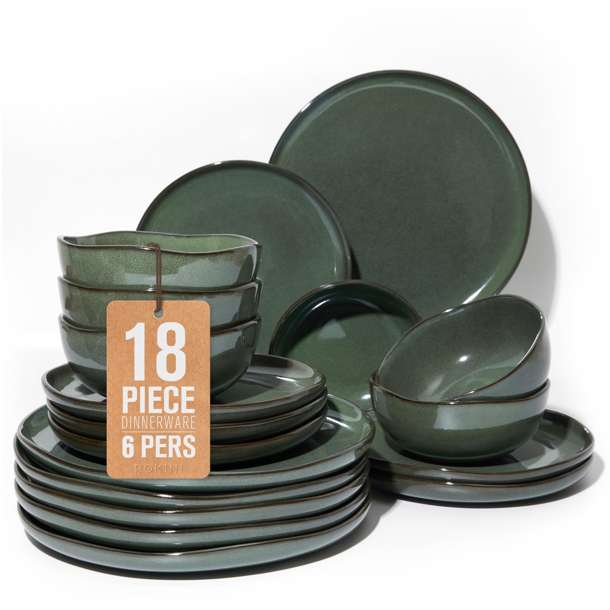 Pokini Stoneware Dinnerware Sets for 6, 18Pcs Ceramic Plates and Bowls Sets