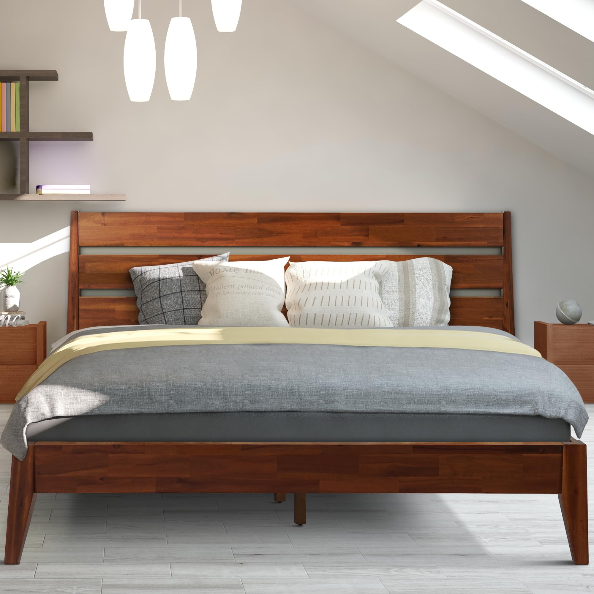 Acacia Emery Bed Frame with Headboard Solid Wood Platform Bed, Bed Frame King, Scandinavian Signature Wood Bed Compatible with All Mattresses, Non-Slip and Noise-Free, Chocolate