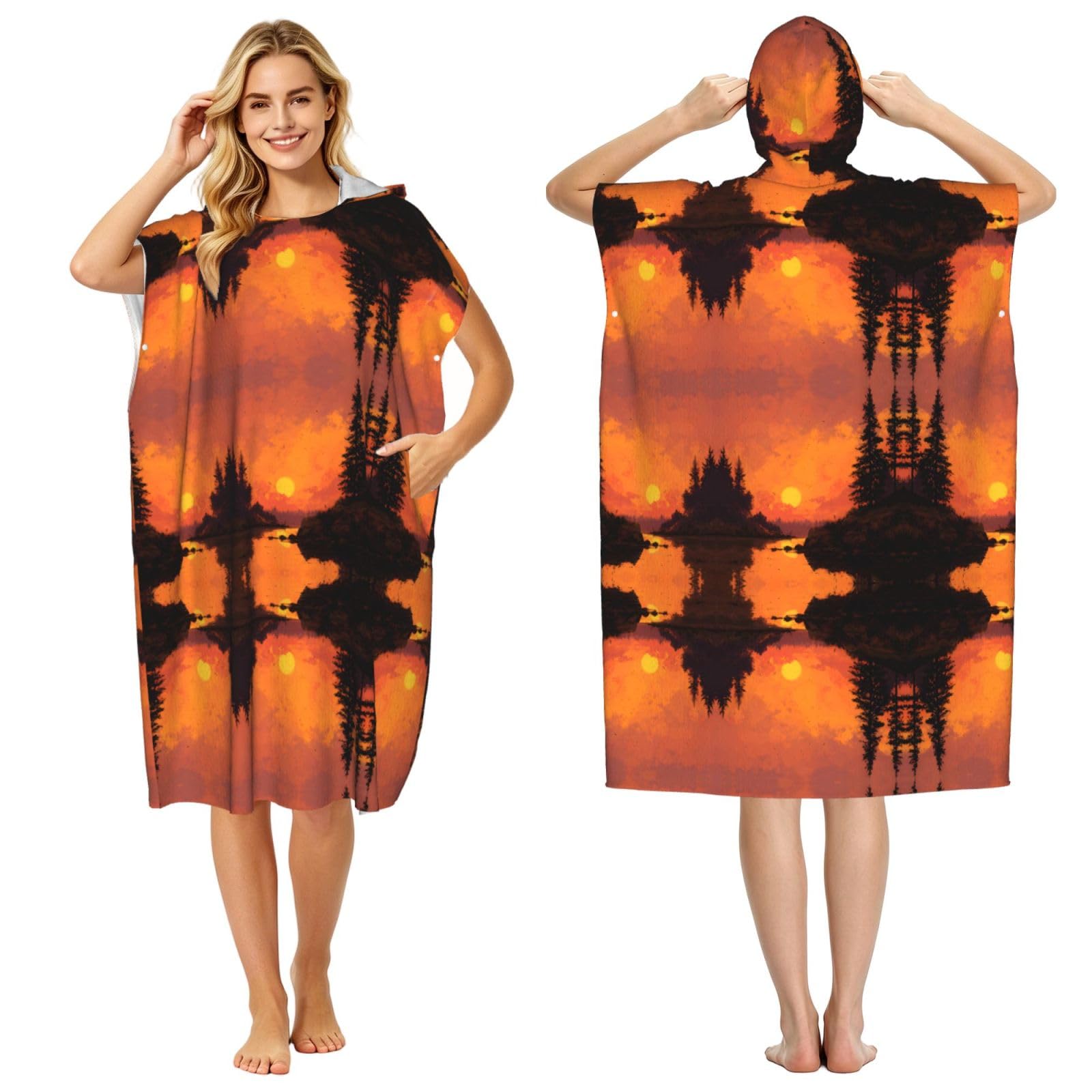 EZDLOWVBA Sunset Print Hooded Poncho Microfiber Beach Towel,Adult Women & Men Changing Robe,Lightweight Summer Surf Swim Bath Poncho Towel