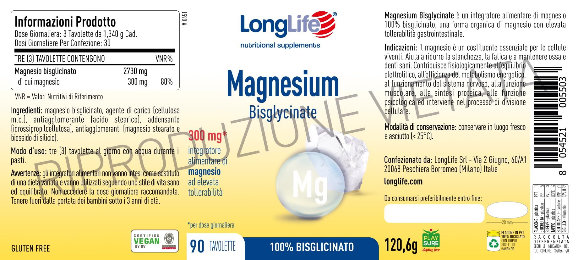 LongLife® Magnesium Bisglycinate | 100% magnesio bisglicinato | Elevata tollerabilità e biodisponibilità | Integratore di magnesio per rilassamento e stress | 90 tavolette | Vegano e senza glutine