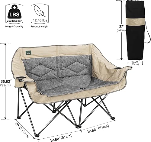 Miniatura 3 de Northroad Silla plegable para campamento, portátil, doble dúo, silla de jardín acolchada completa para sofá de 2 personas con 2 portavasos para