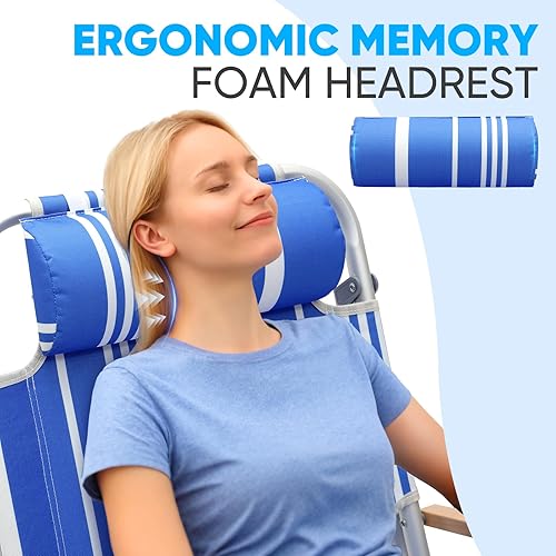 Miniatura 5 de Paquete de 2 sillas de playa de aluminio para adultos con 5 posiciones clásicas, plegables, ligeras, con 2 bolsas de enfriamiento, toallero,