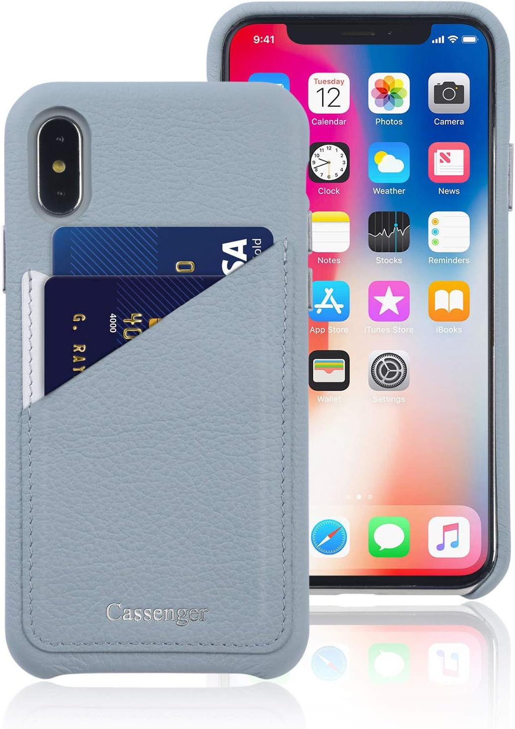 Black Friday - 70% OFF Cassenger Slim Fit Genuine Italian Leather Hard Back Case Protective Cover Snap On Case with 2 Card Holder Slots Compatible with iPhone Xs Max (2018 Release)-Sky