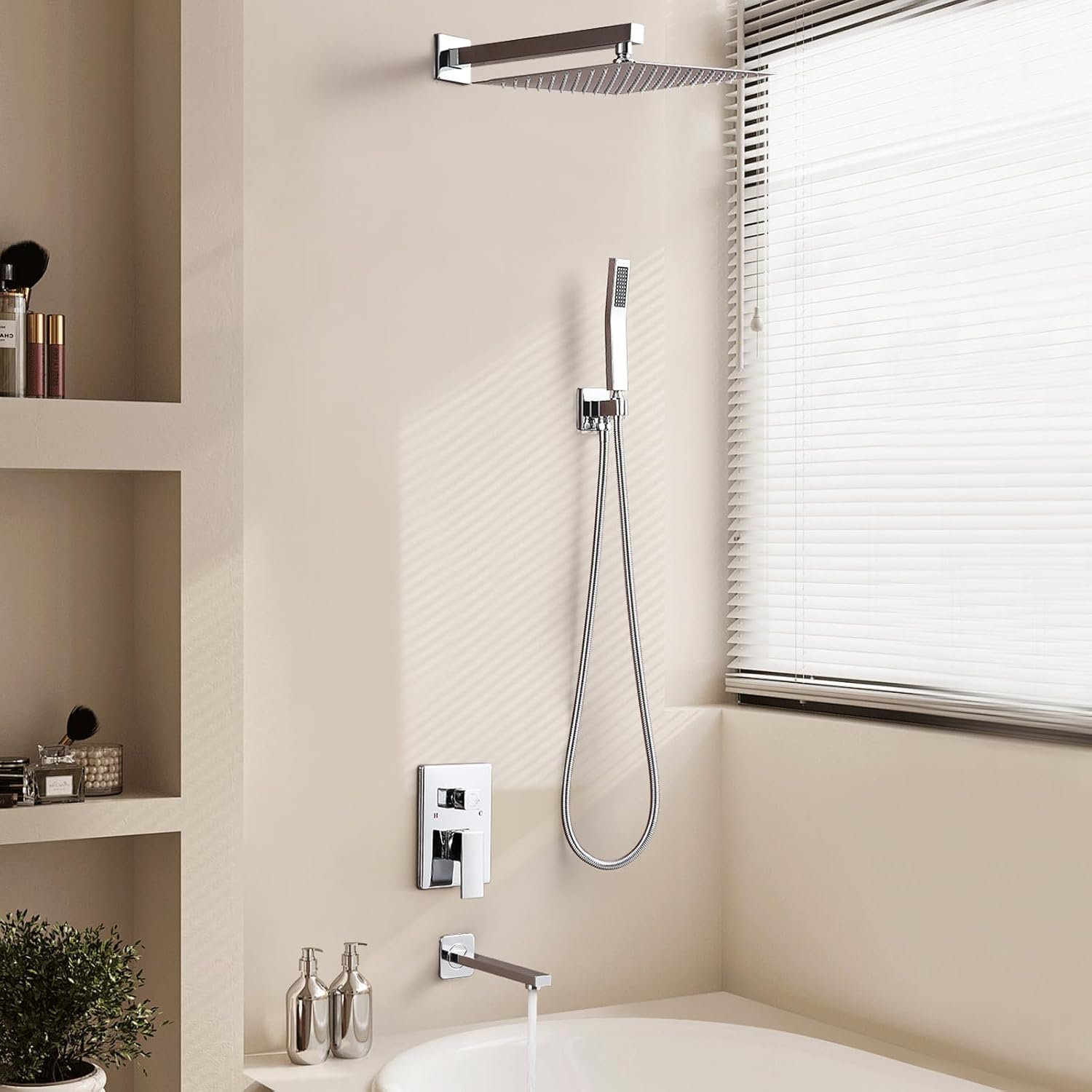 ROVOGO Shower Faucet Set with Tub Spout, Rain Shower and Handheld, 10 inch Bathtub Shower System with Valve and Trim Kit, Made of Stainless and Brass, Square, Chrome