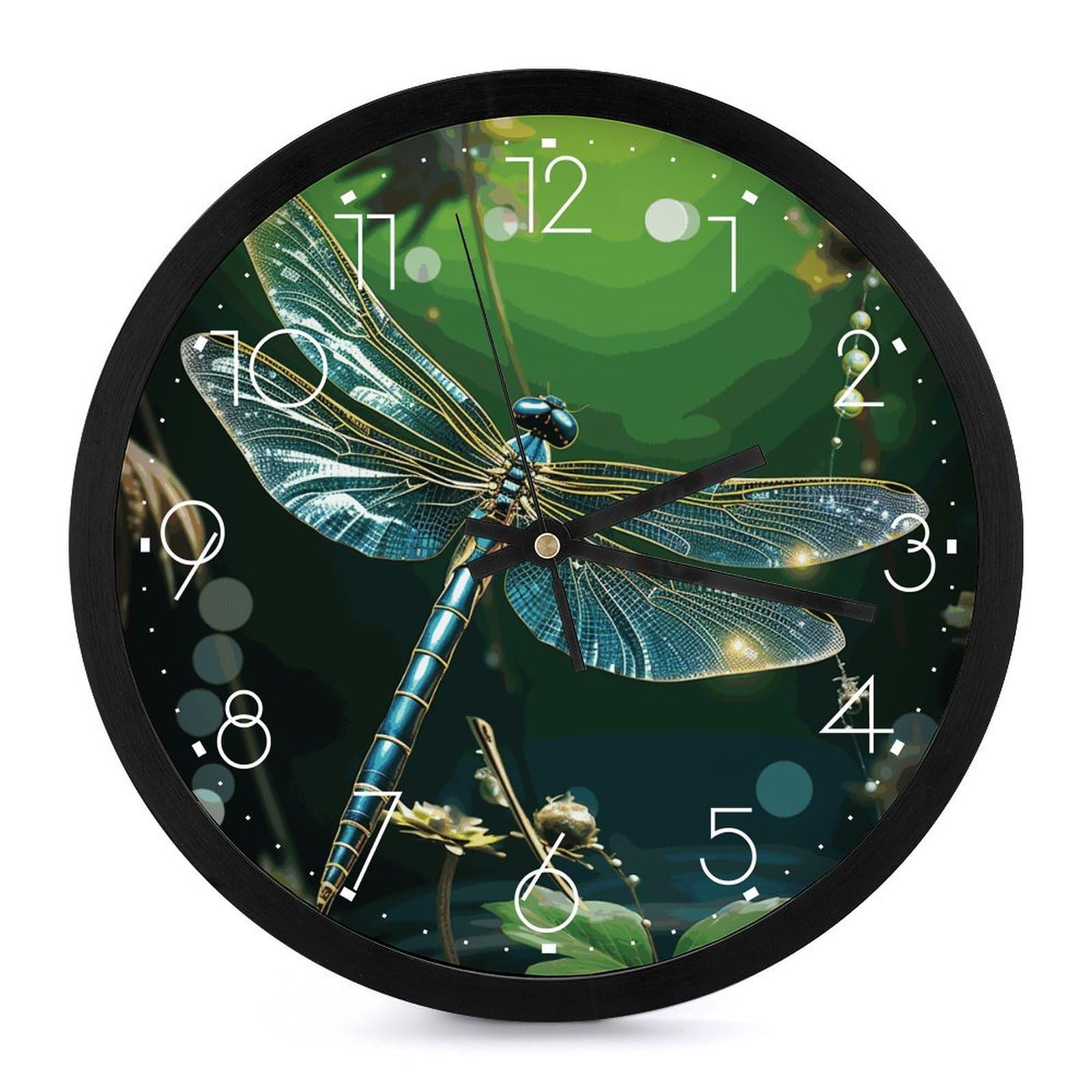 Horloge murale numérique élégante verte ronde de 25cm au design libellule raffiné