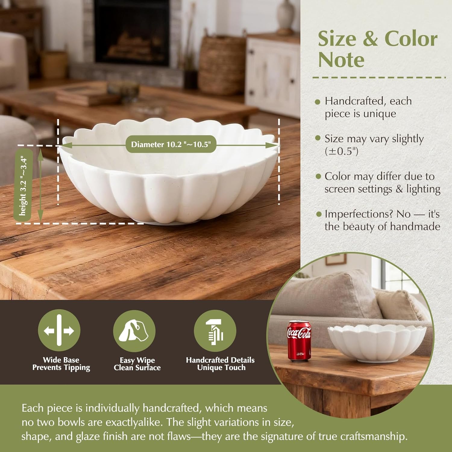 10.5 Inch Large Scalloped Fruit Bowl for Kitchen Counter, Handcrafted White Ceramic Decorative Bowl with Wavy Fluted Edge, Catch-all Bowl for Entryway Keys, Neutral Home Decor Centerpiece Bowl