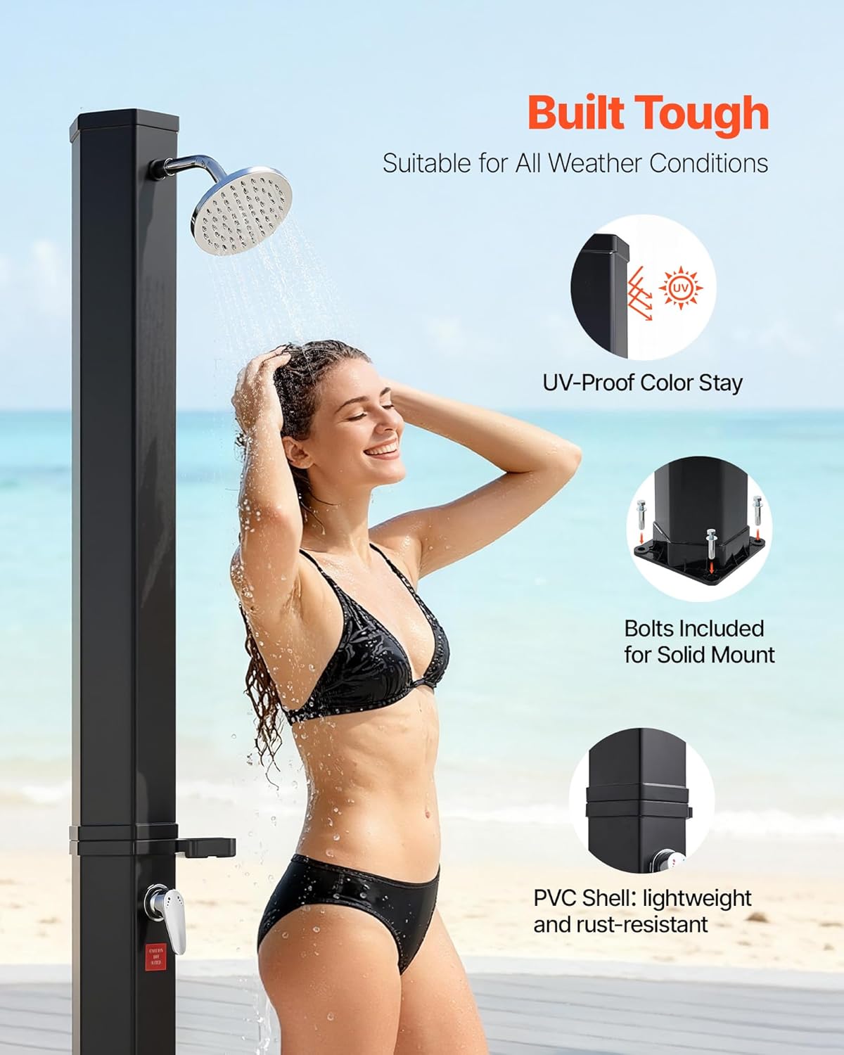 VEVOR 9.2 Gal Solar Heated Shower, 6.4ft Showerhead Height Outdoor Shower, with Foot Faucet & Soap Box Rack, Hot & Cold Water Adjustment, Freestanding for Backyard Poolside Beach Pool,Black