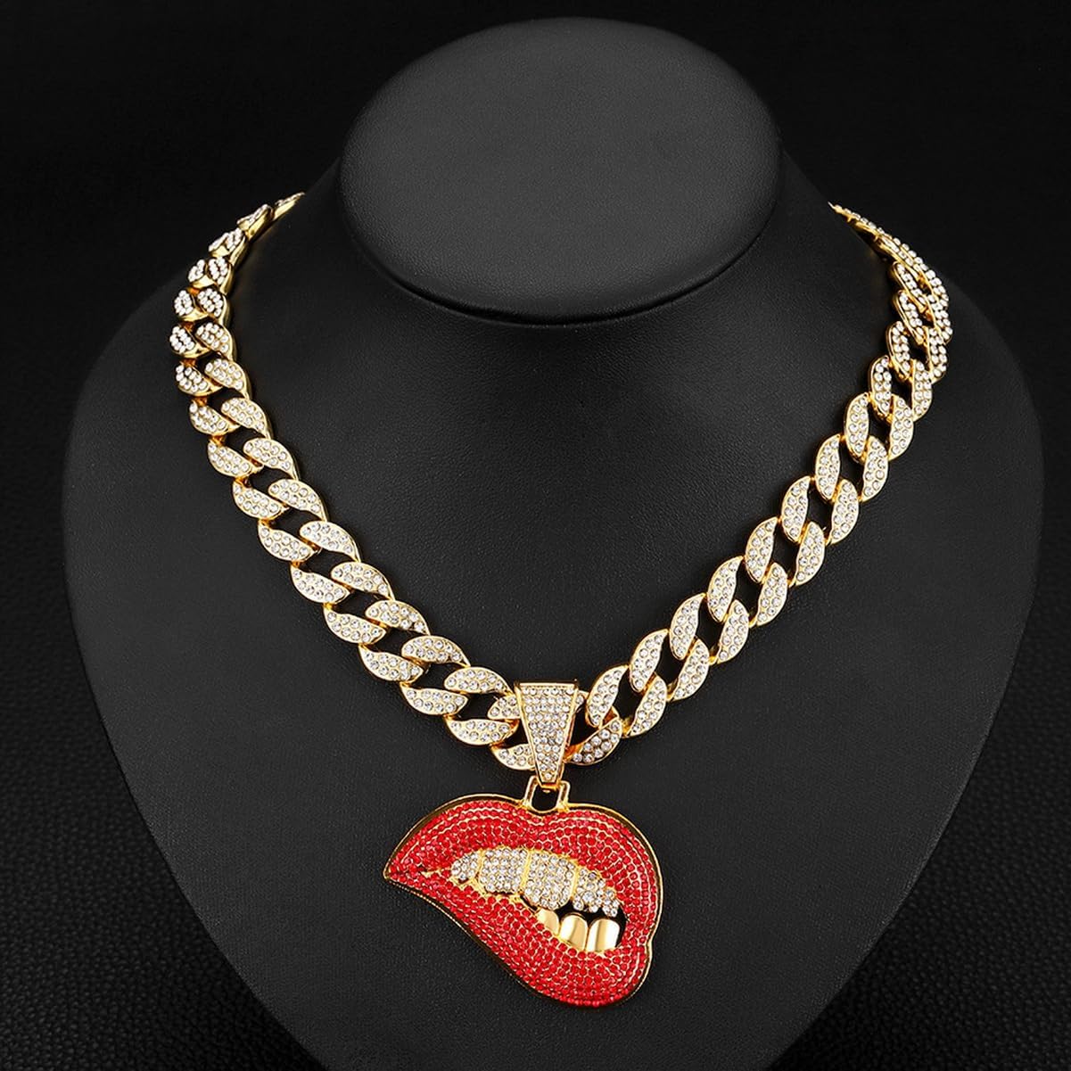 Chunky Bling Iced Out Cuban Link Chain Necklace Choker for Men Women,Large Sparkly Fake Diamond Chain Biting Lips Pendant,Miami Rhinestone Necklace Hip Hop Cool Punk Jewelry