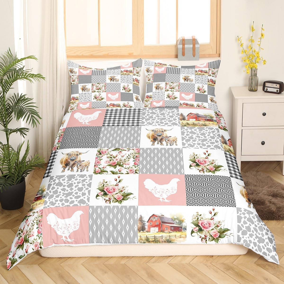Farmhouse Barn Bedding Set Queen Size,Chicken Highland Cow Flowers Grid Duvet Cover Set for Children Adult,Rustic Pink Patchwork Geometric Soft Comforter Cover for Dorm Room, Zipper, Ties