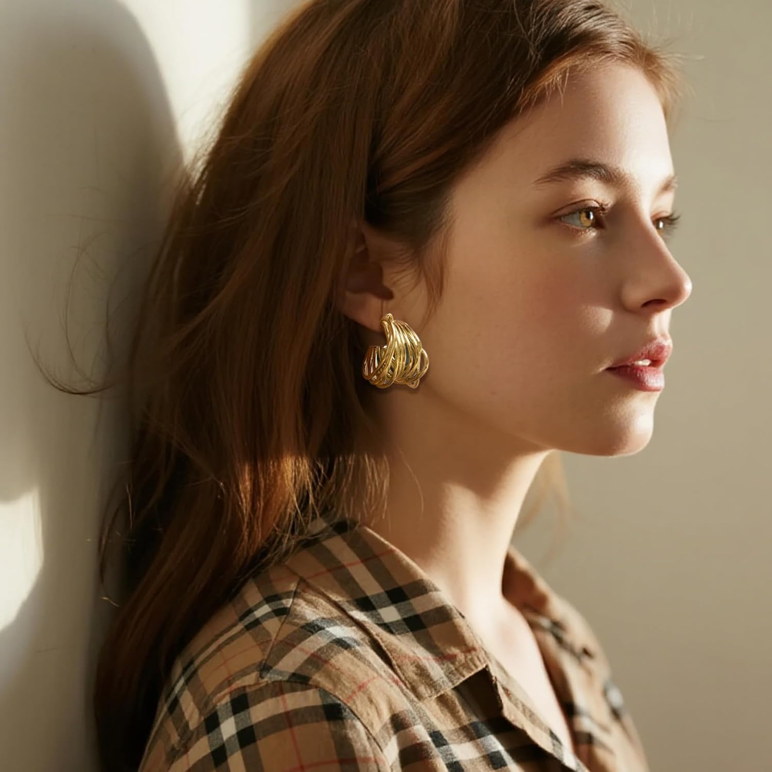 Chunky Gold Vintage Earrings for Women,Twisted Hoop Earrings,Stainless Steel Statement Earring, 18K Gold Plated Fashion Jewelry Gifts for Her Hypoallergenic Jewelry for Chrismas - Image 4