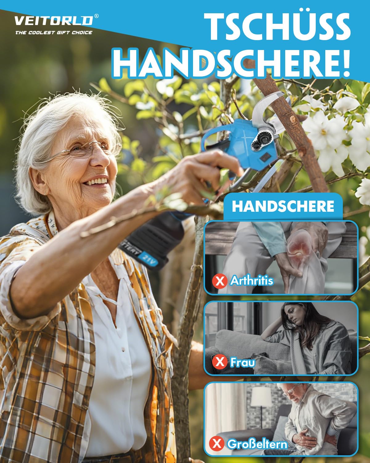 Veitorld Akku Astschere, 30mm Bürstenloser Motor Gartenschere mit 2 Akku 2000mAh, Elektrische Bypass-Baumschere für Makita 18V Akku, Ergonomischer Griff, Geschenke für Männer Frauen