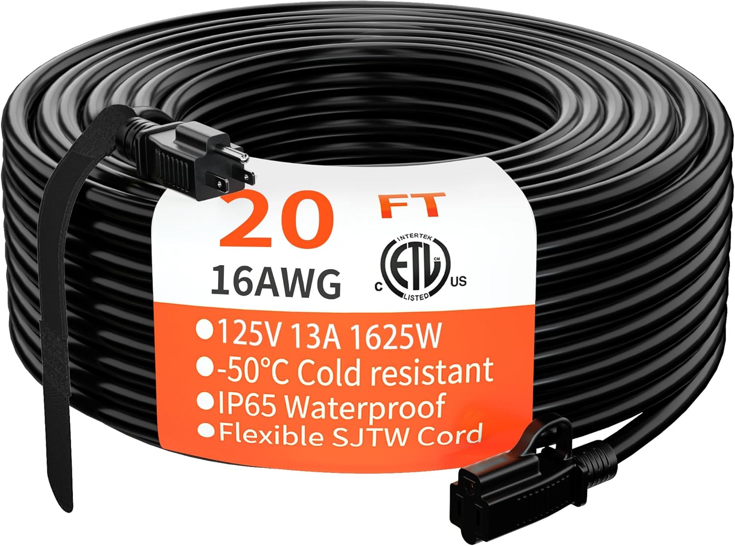 HUANCHAIN Indoor Outdoor Black Extension Cord 20 ft Waterproof, 16/3 Gauge Flexible Cold-Resistant Appliance Extension Cord Outside, 13A 1625W 16AWG SJTW, 3 Prong Electric Cable, ETL 20 FT 16/3 Extension Cord Black