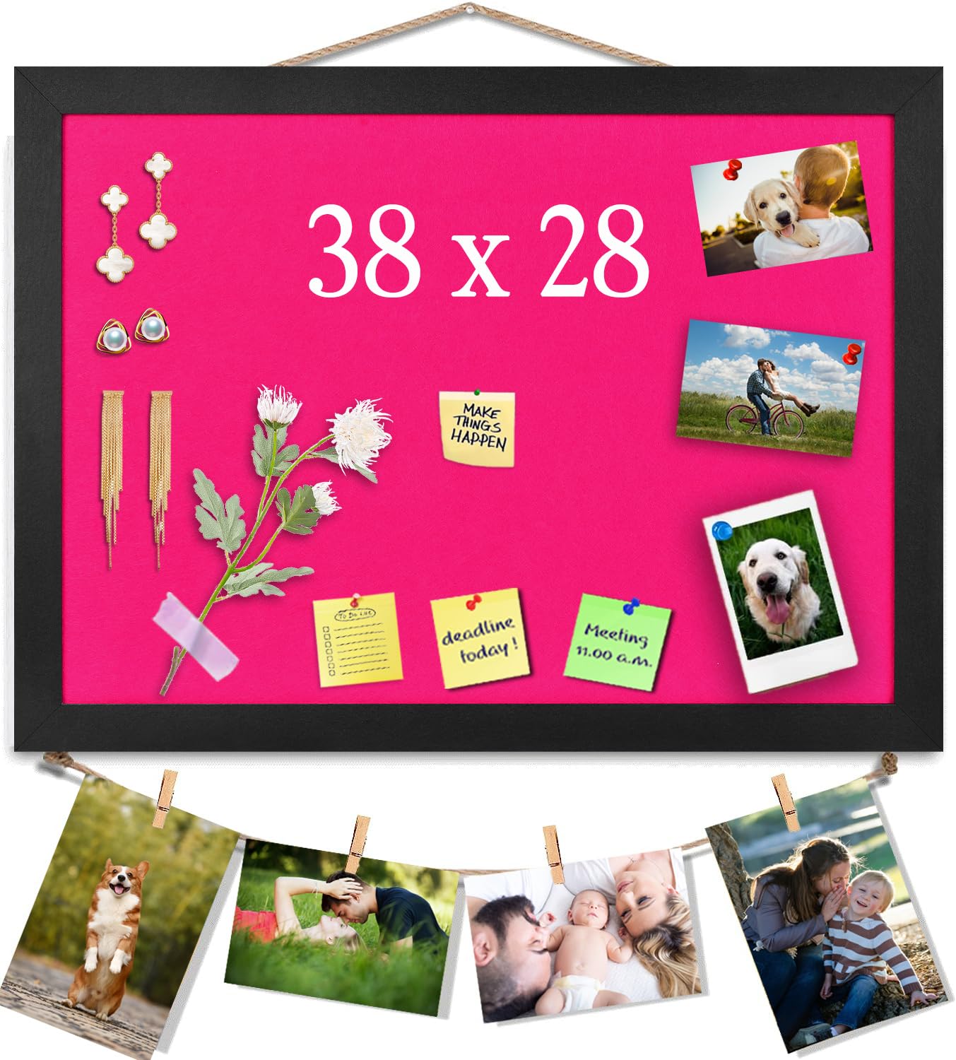 Pink Bulletin Boards Cork Board with Felt, 38x28CM Small Display Pin Board Vision Board for Walls, Jewelry, Notes, Collection, Photos, Office, Wood Framed(Black) & Felt(Pink), 1pc