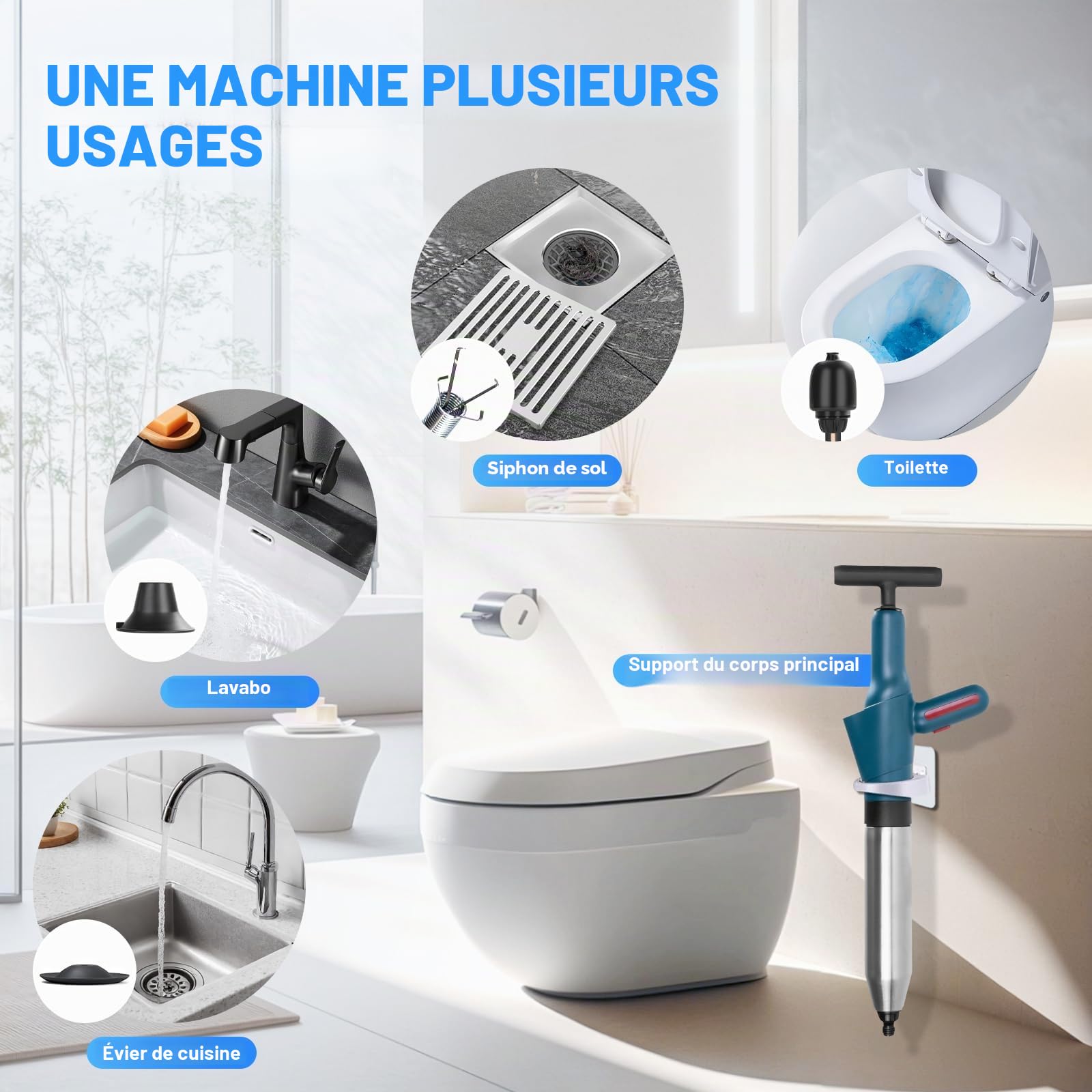 Déboucheur WC professionnel, Déboucheur de canalisations avec manomètre et pompe à air comprimé, 4 ventouses anti-éclaboussures avec crochet et spirale, pour toilettes, lavabos, baignoire, douche