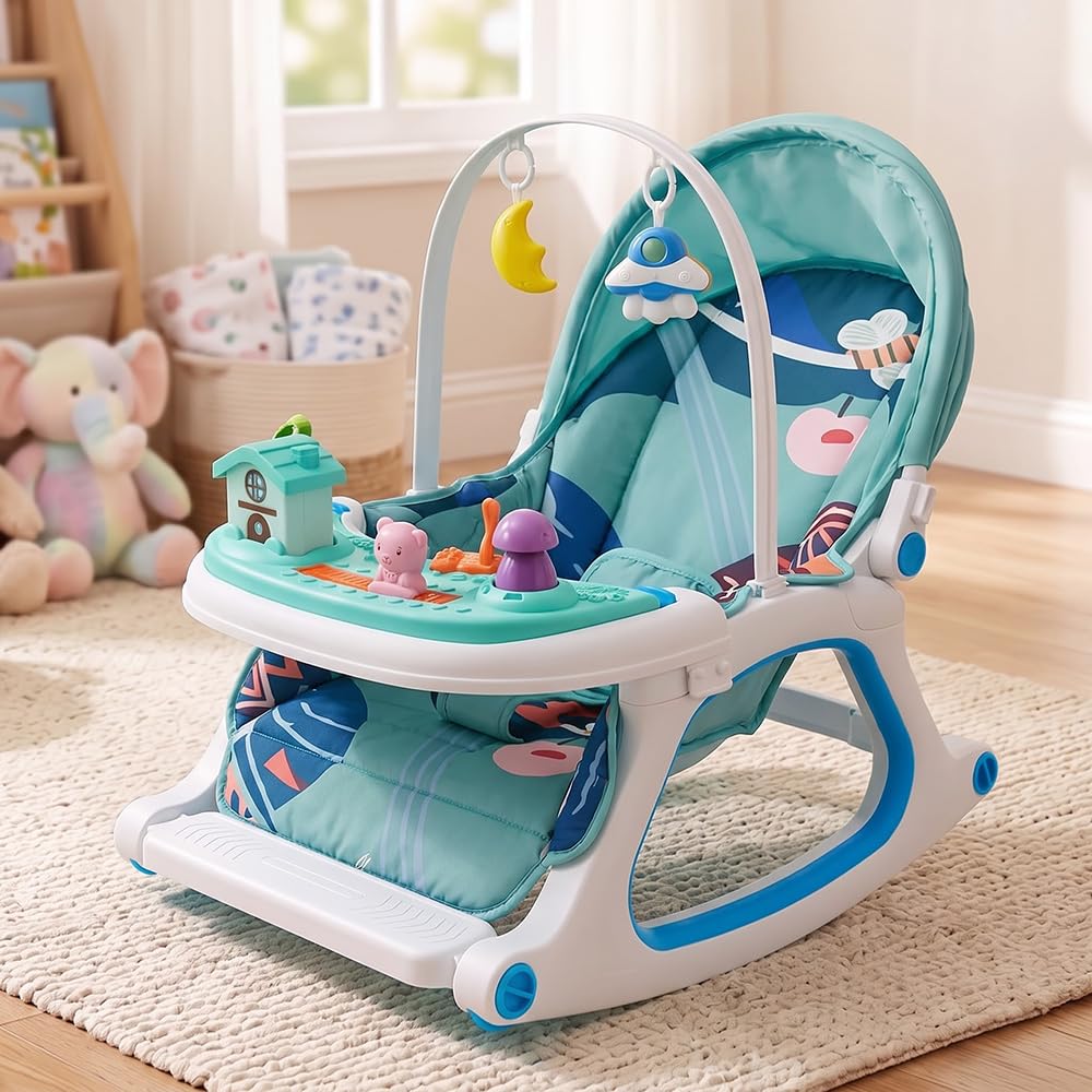 StarandDaisy Dreamy Baby Rocker Chair with Play Tray, Mosquito Net & Toy Bar | Adjustable Recline, 3-Point Safety Harness | Infant Rocking Seat, Feeding Chair for Newborns & Toddlers 0-3 Years (Green)-image-4
