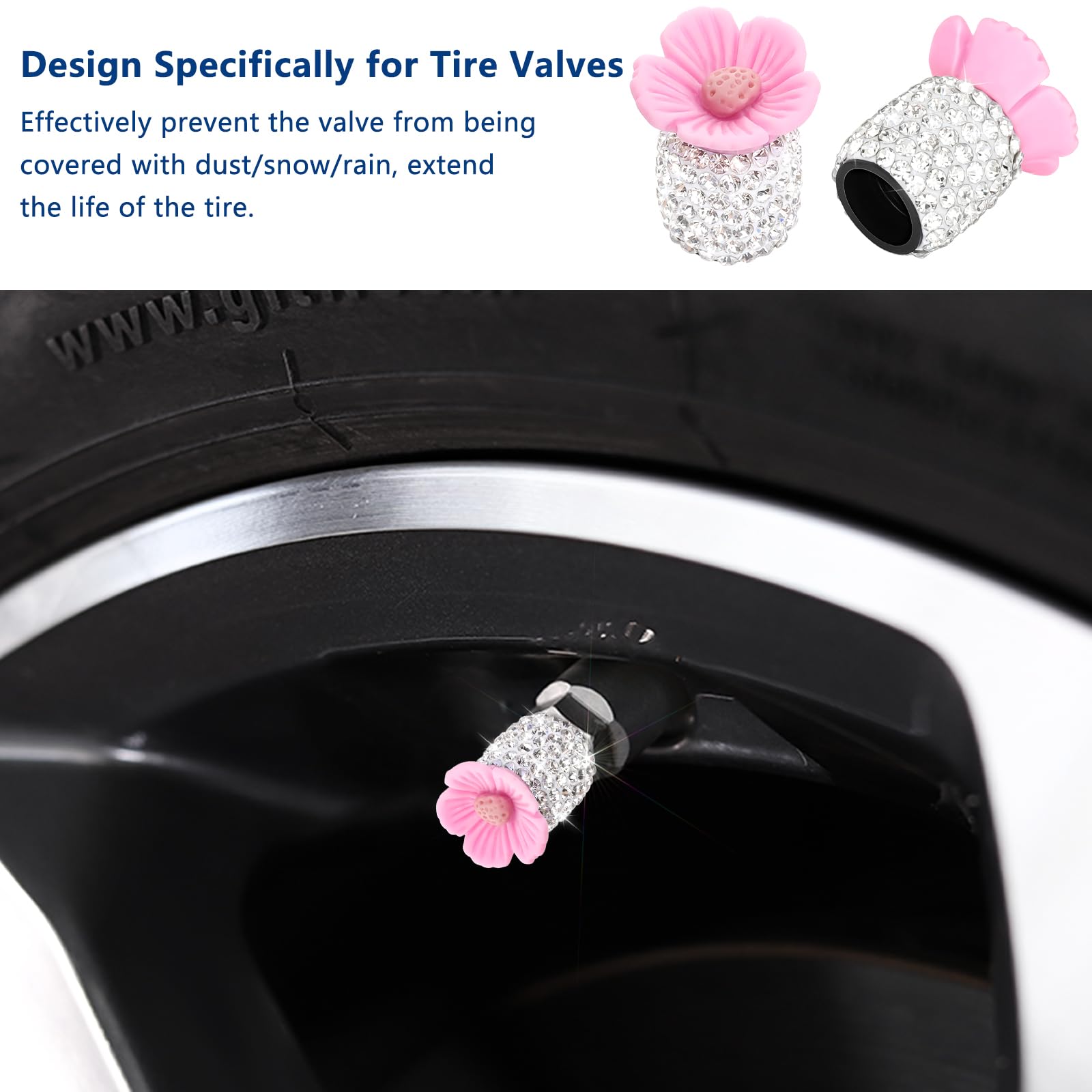 4 Pack Crystal Rhinestone Car Tire Valve Stem Caps Sakura Flower Dustproof Car Wheel Tire Valve Attractive Bling Car Accessories Universal for Cars Trucks and Motorcycles ()