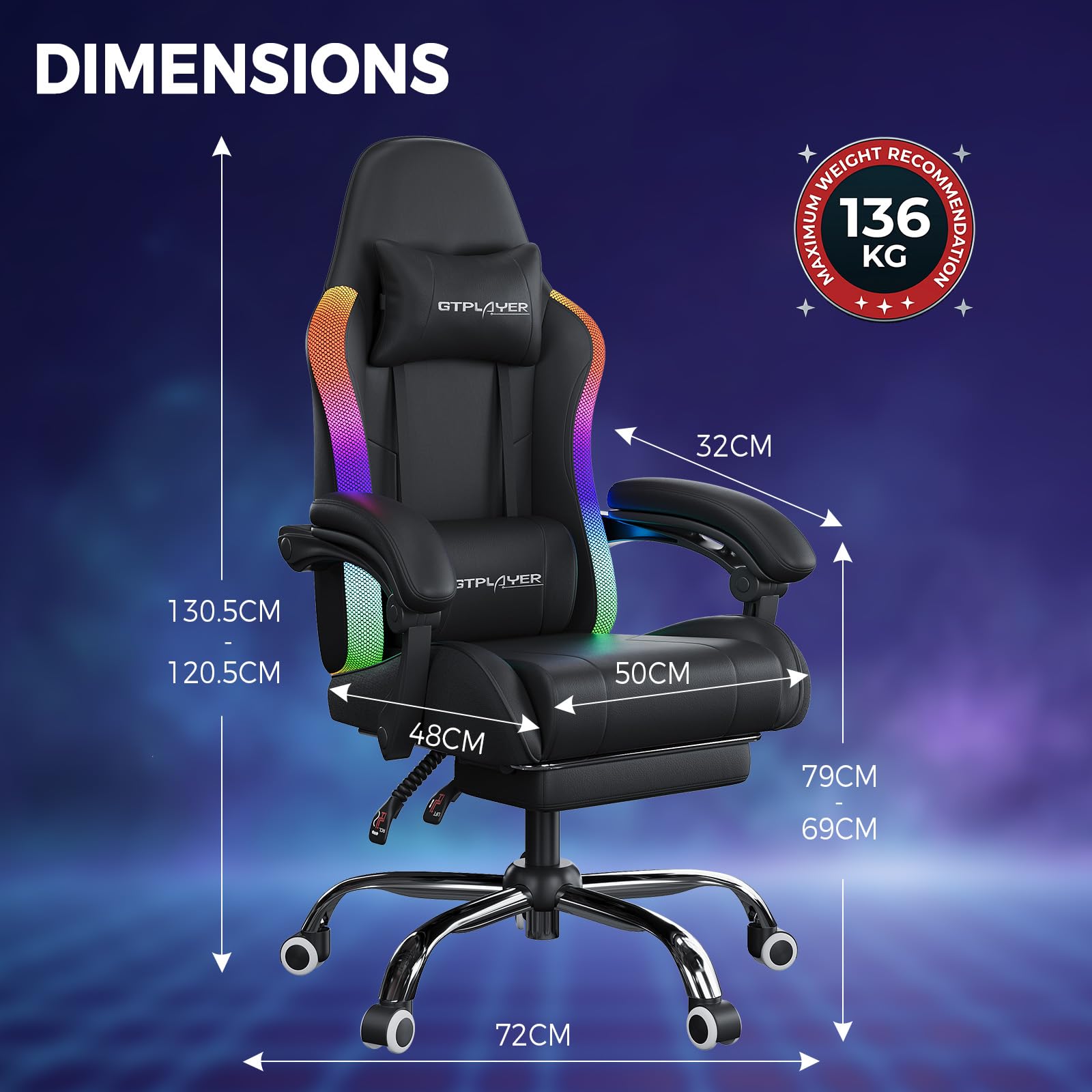 GTPLAYER Silla de gaming, silla de oficina, silla de gaming con barra de luz LED y función de masaje, silla gamer, respaldo con bolsa de almacenamiento, silla ergonómica de PC con mando a distancia