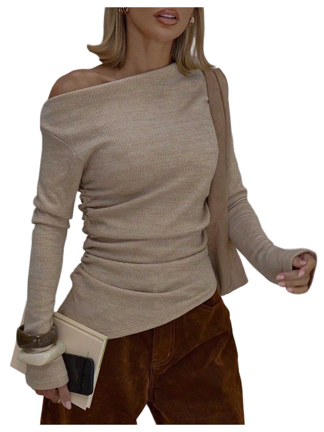 MakeMeChic Womens Winter Elegant Asymmetrical Knit Top Long Sleeve Ruched Pullover Sweater