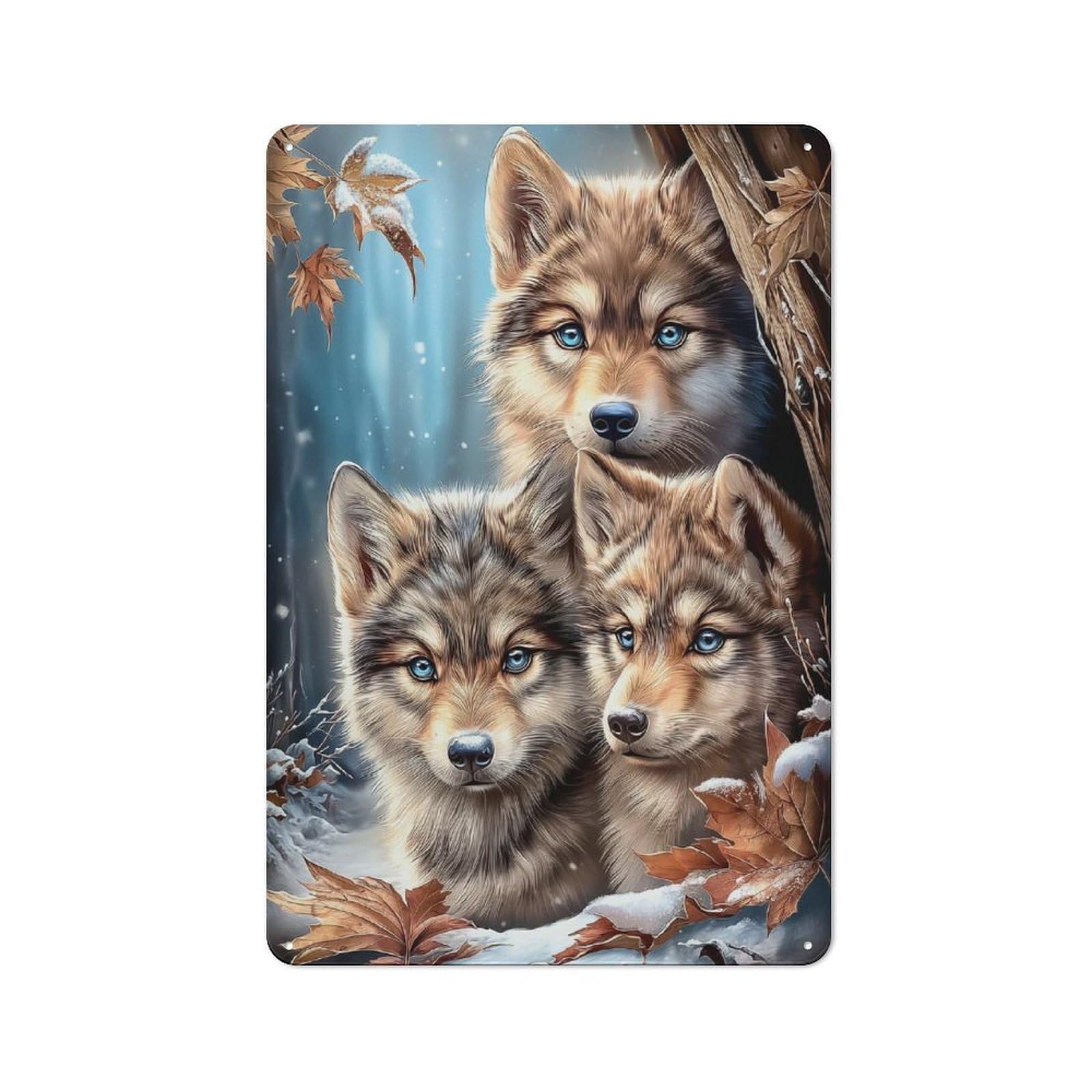 Junmoney Style-9 Vintage Metal Sign With Three Wolves In Winter Forest Design 30X20cm, Retro Room Wall Plaque For Home, Shop, Pub Or Studio Wall